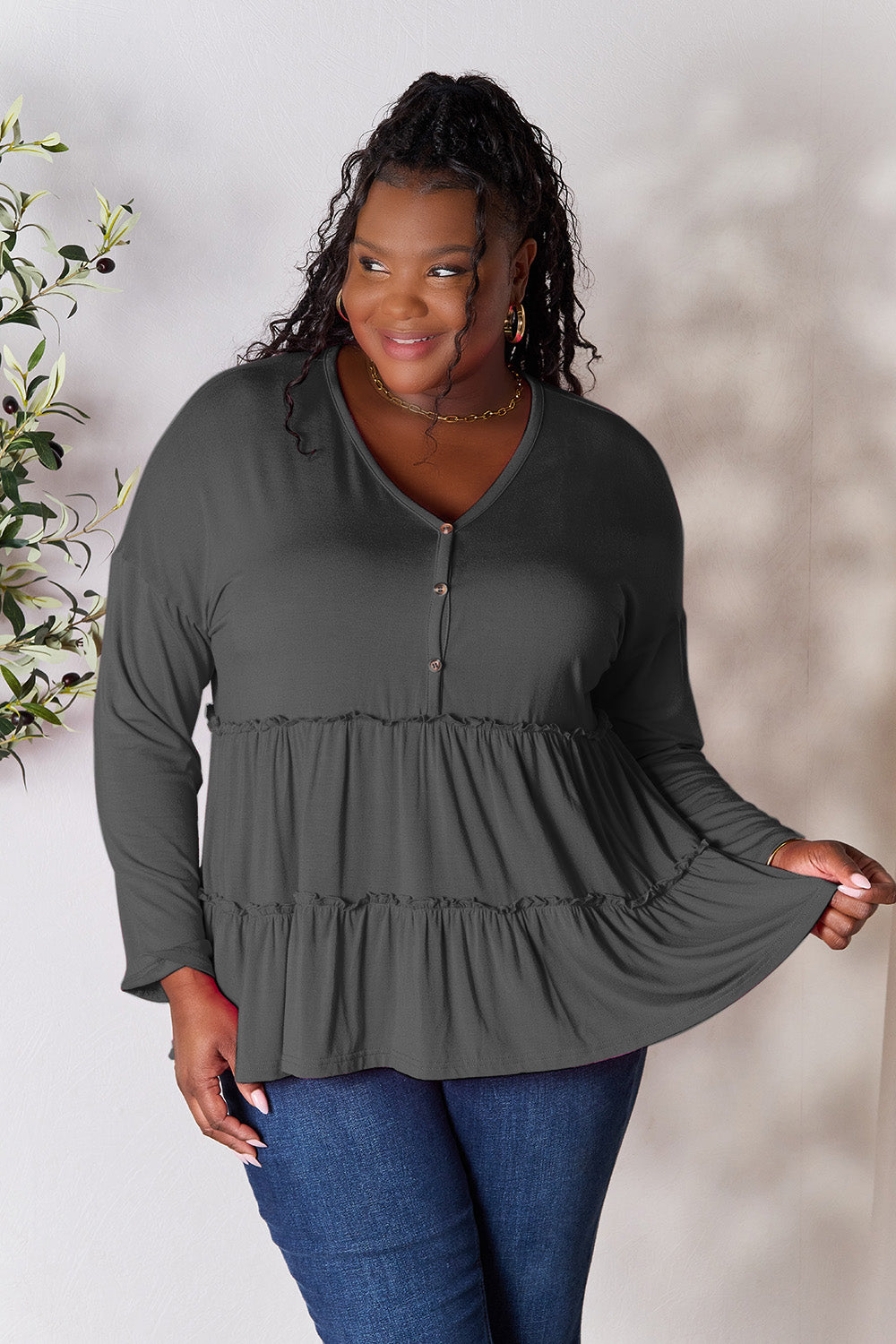 DoorBuster Double Take Half Button Long Sleeve Ruffle Hem Blouse