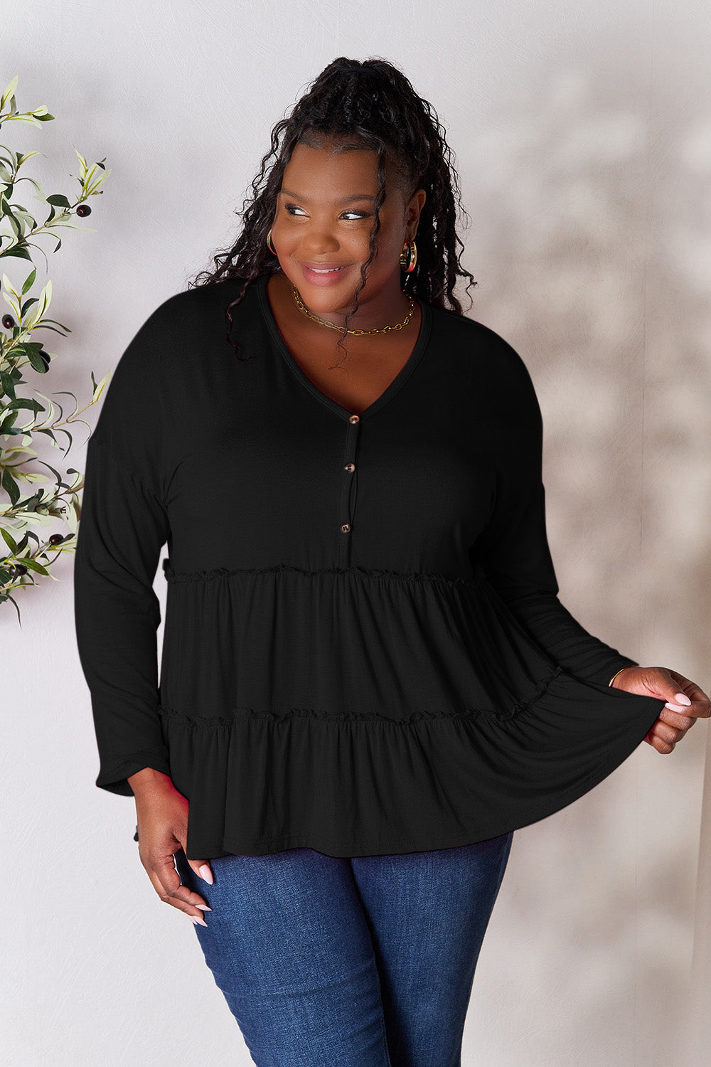 DoorBuster Double Take Half Button Long Sleeve Ruffle Hem Blouse