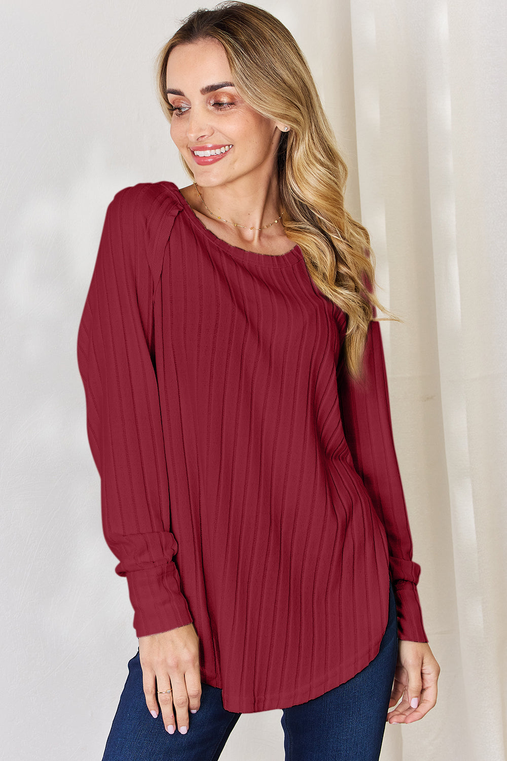 5 Colors! Basic Bae Full Size Ribbed Round Neck Slit T-Shirt