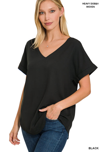 Woven Rolled Sleeve V-Neck Top