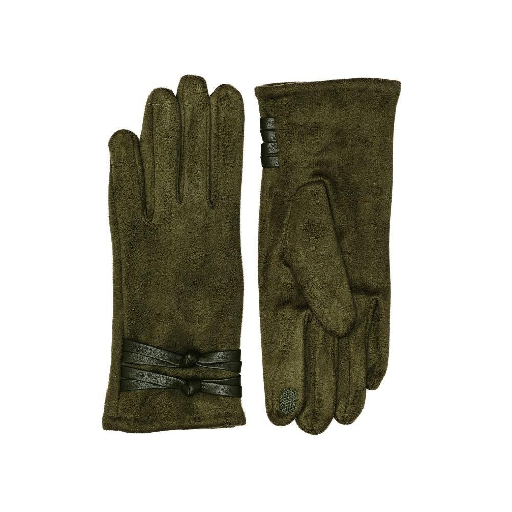4 Colors - Faux Suede Gloves with Vegan Leather Knotted Strap Detail