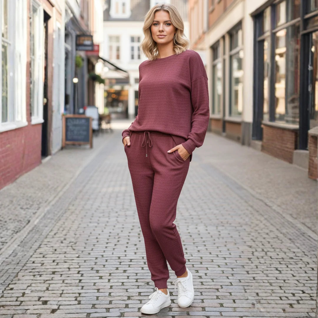 Solid Textured Top and Bottom Jogger Set - Pink Mauve