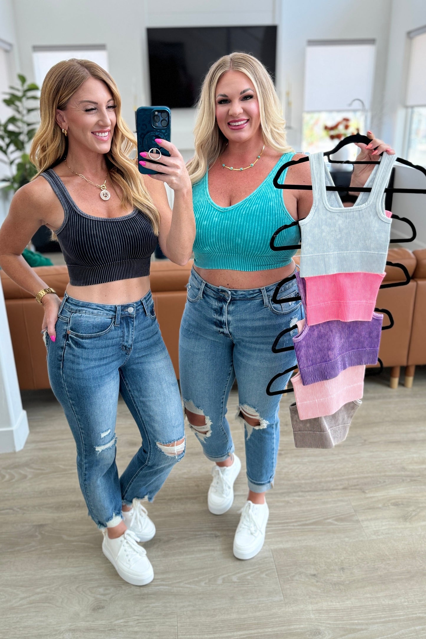 When and Where Reversible Ribbed Cropped Tank in Black