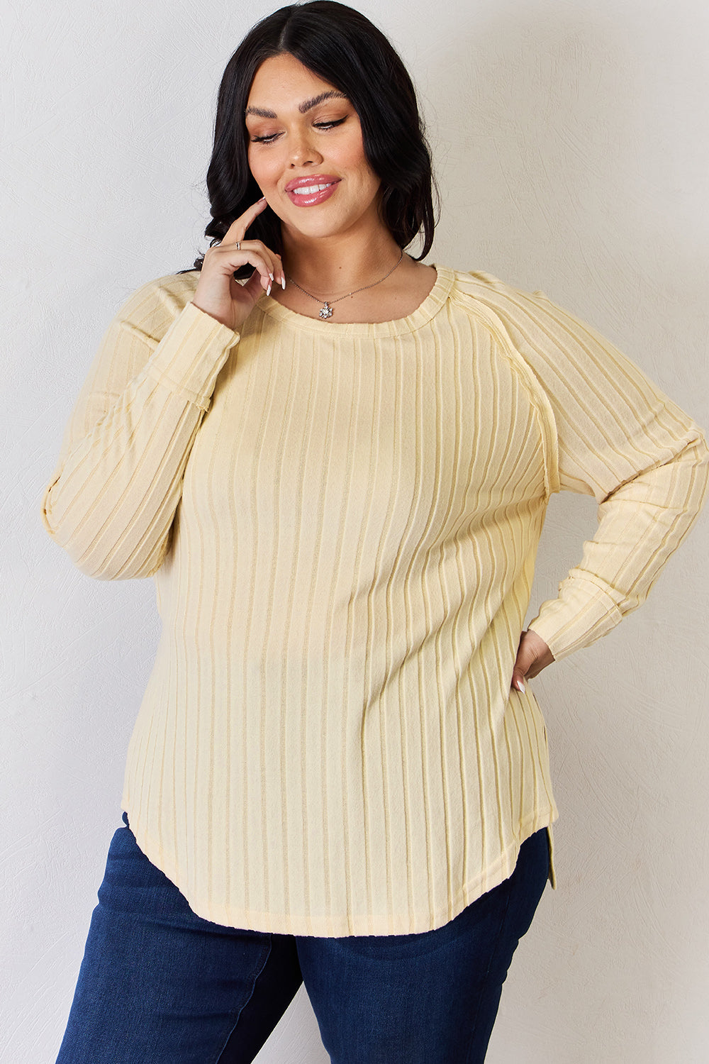 5 Colors! Basic Bae Full Size Ribbed Round Neck Slit T-Shirt