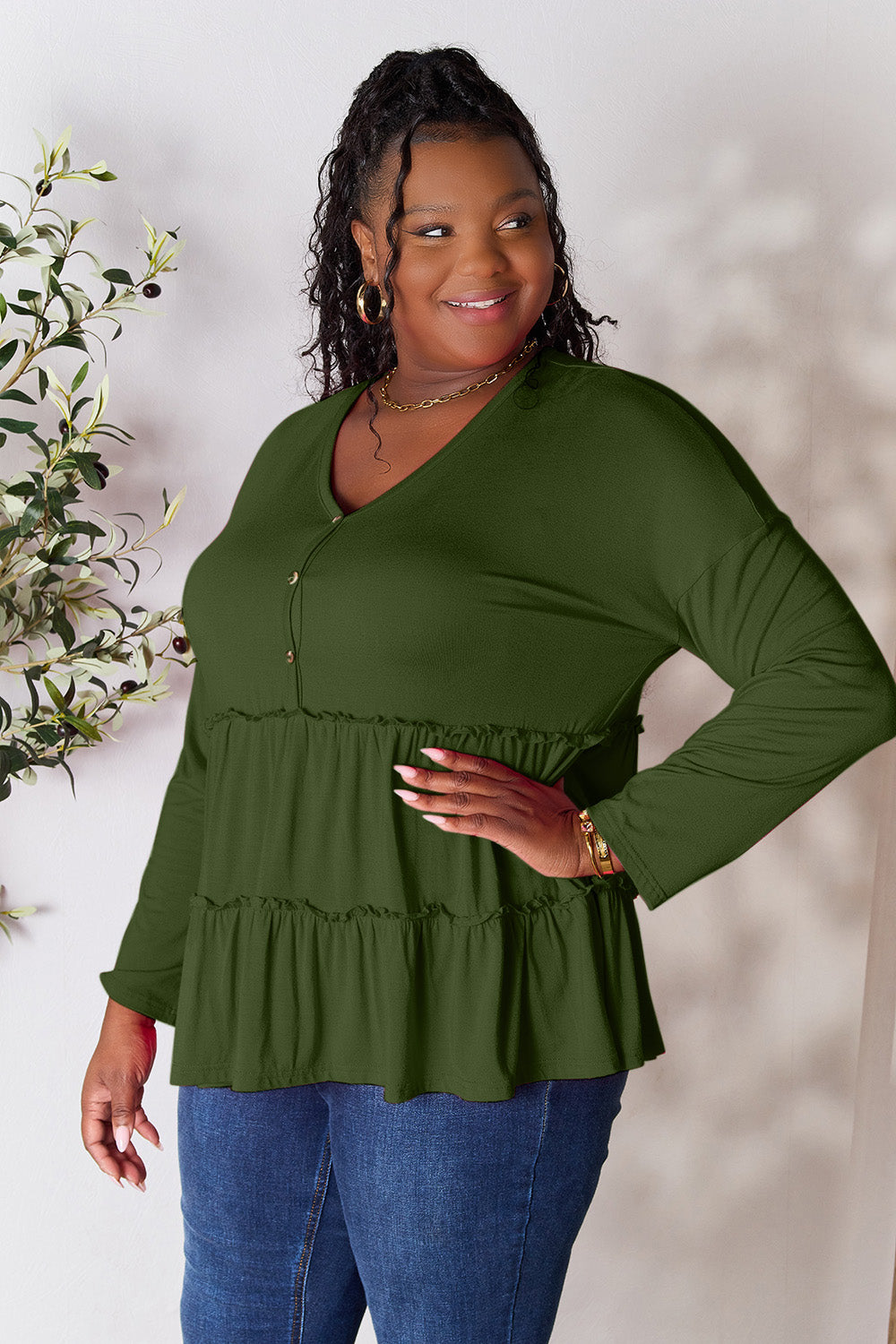 DoorBuster Double Take Half Button Long Sleeve Ruffle Hem Blouse