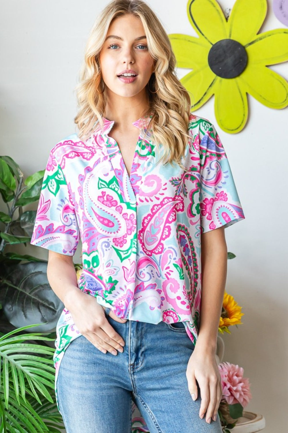Heimish Split Collar Paisley Short Sleeve Top