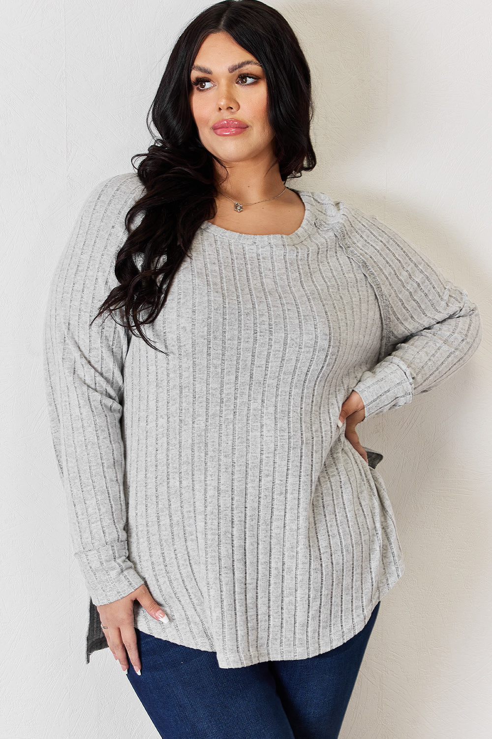 5 Colors! Basic Bae Full Size Ribbed Round Neck Slit T-Shirt