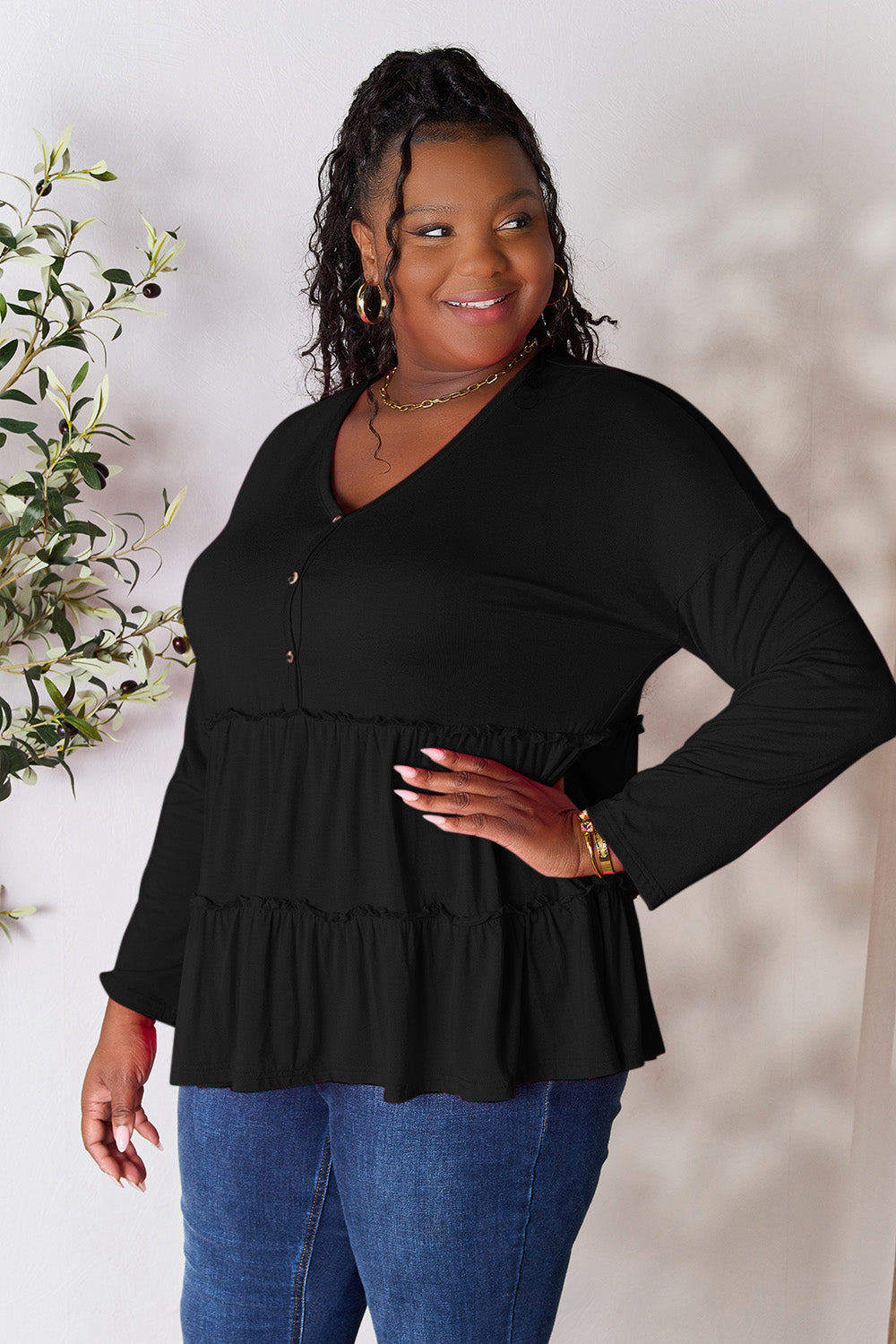 DoorBuster Double Take Half Button Long Sleeve Ruffle Hem Blouse