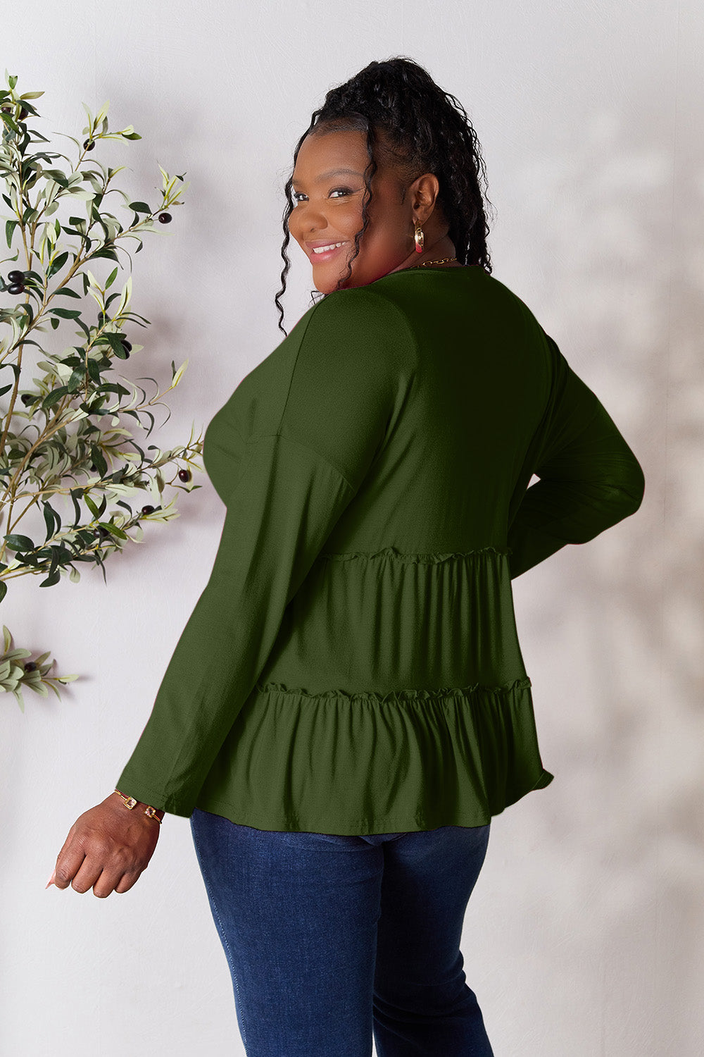 DoorBuster Double Take Half Button Long Sleeve Ruffle Hem Blouse