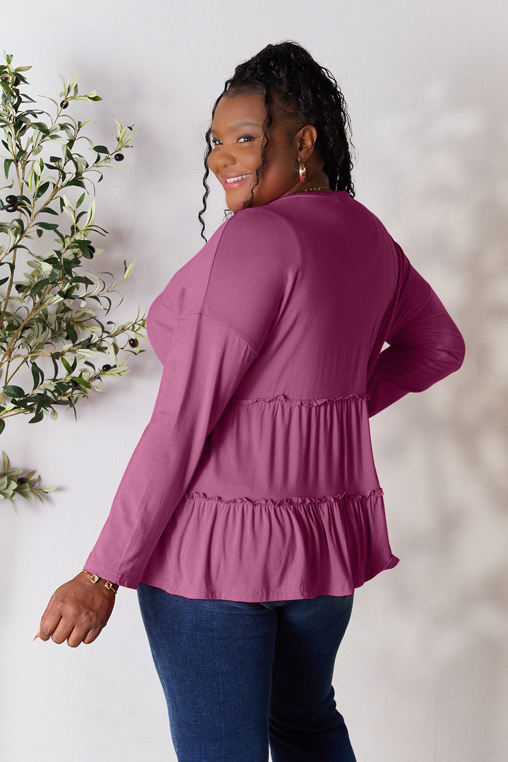 DoorBuster Double Take Half Button Long Sleeve Ruffle Hem Blouse
