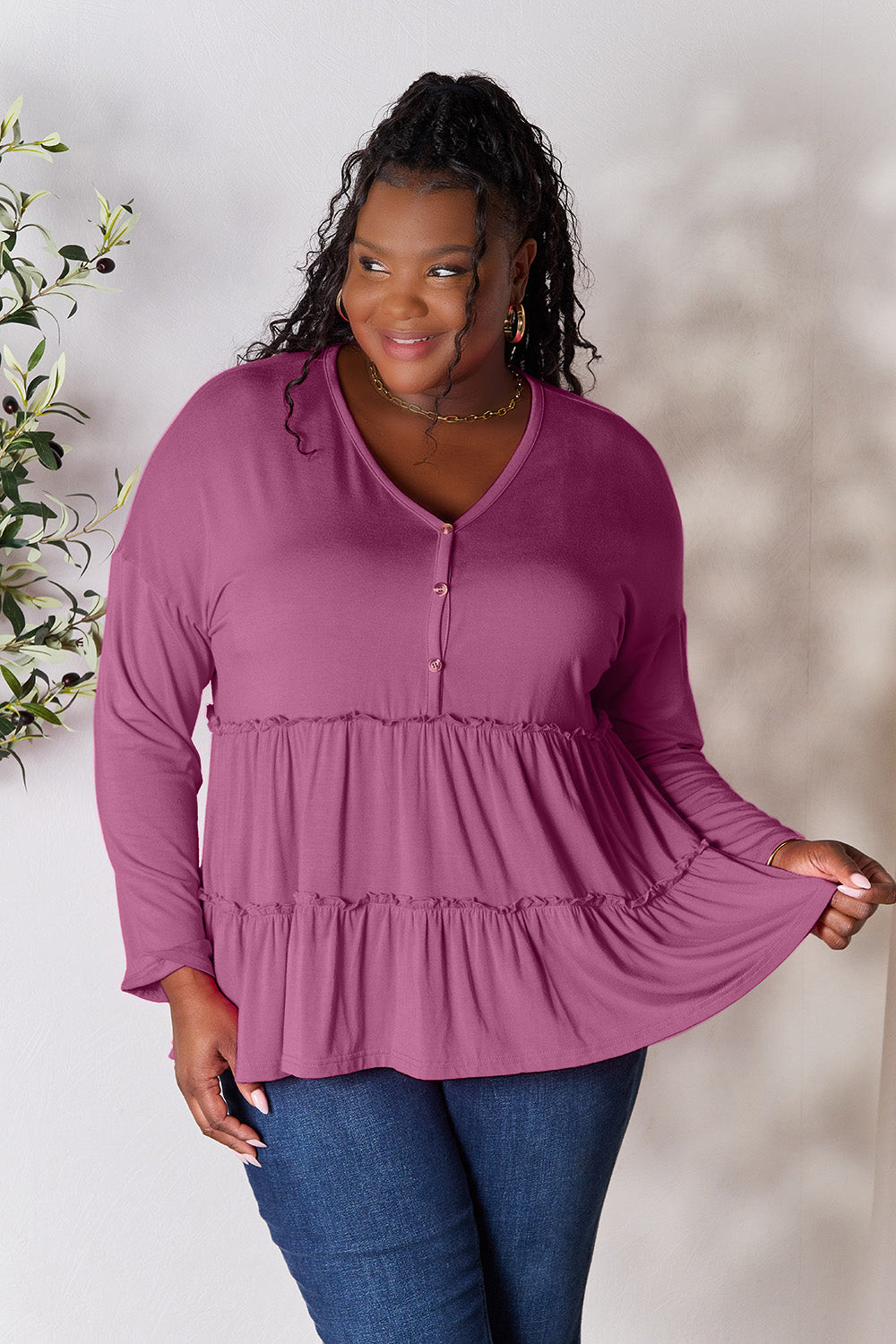 DoorBuster Double Take Half Button Long Sleeve Ruffle Hem Blouse