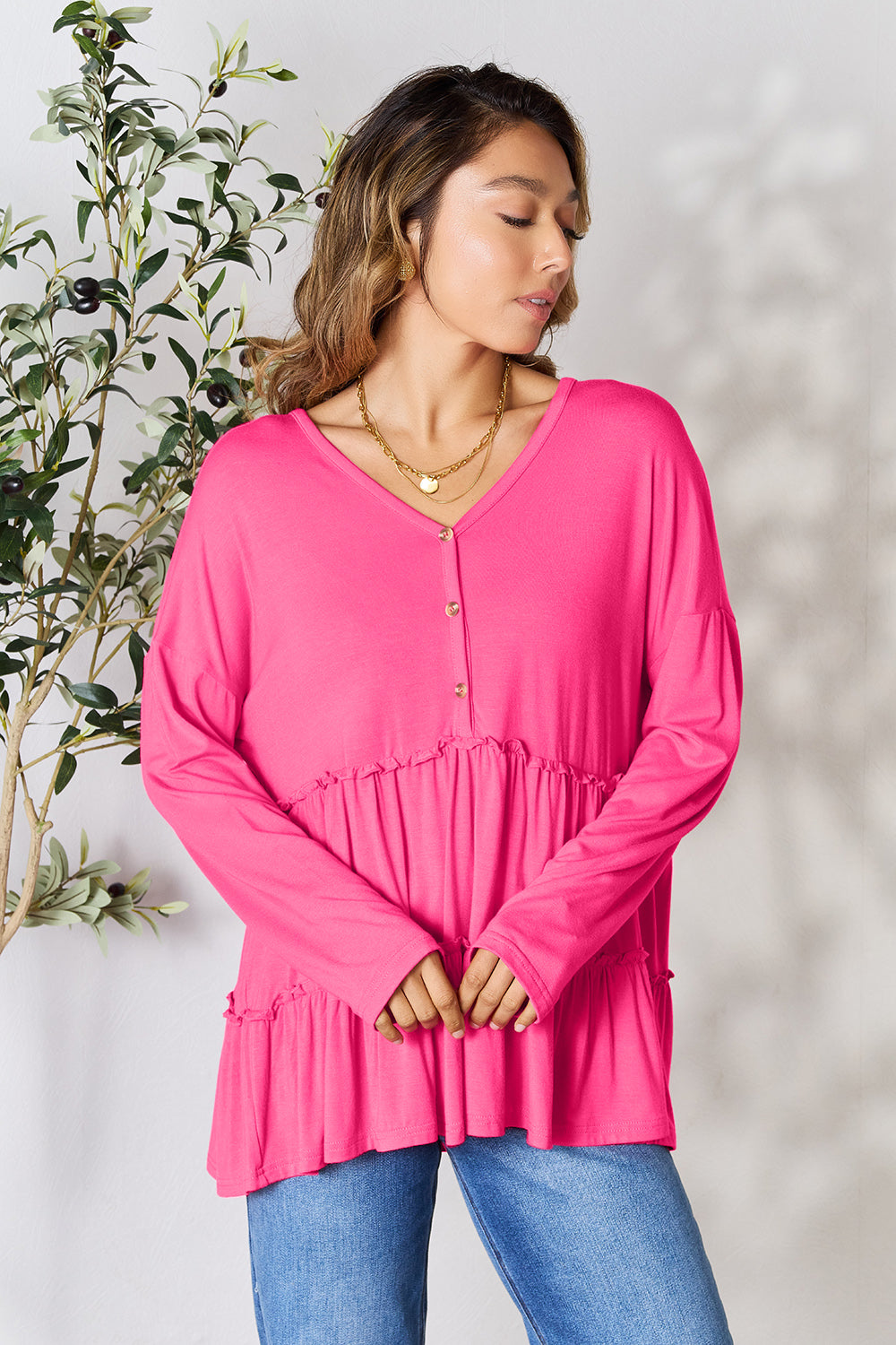 DoorBuster Double Take Half Button Long Sleeve Ruffle Hem Blouse