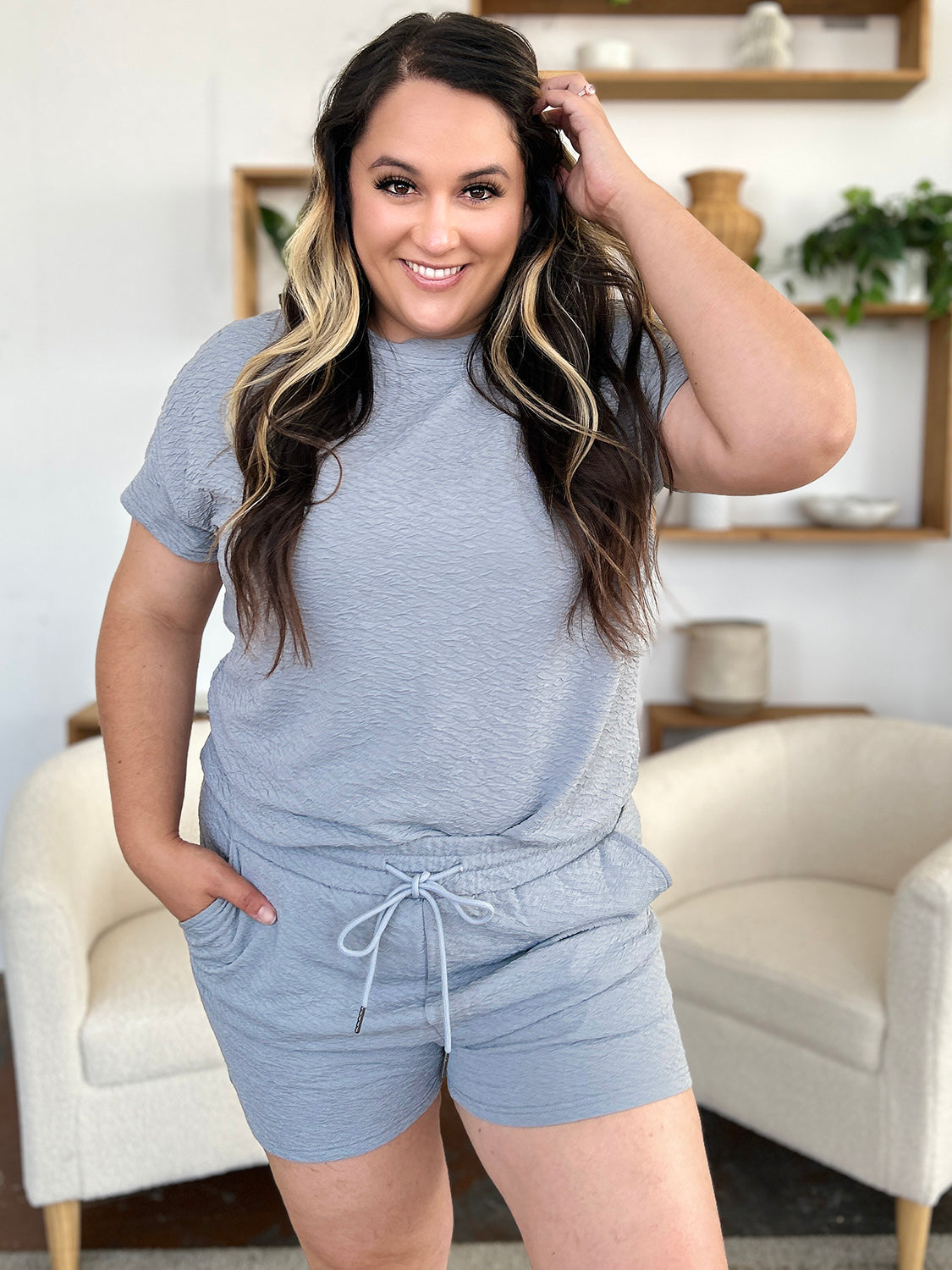 DOORBUSTER Double Take Full Size Texture Short Sleeve T-Shirt and Drawstring Shorts Set