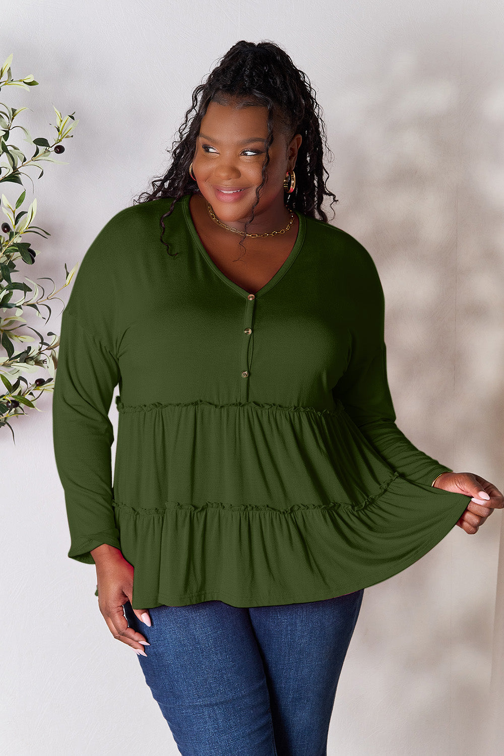DoorBuster Double Take Half Button Long Sleeve Ruffle Hem Blouse