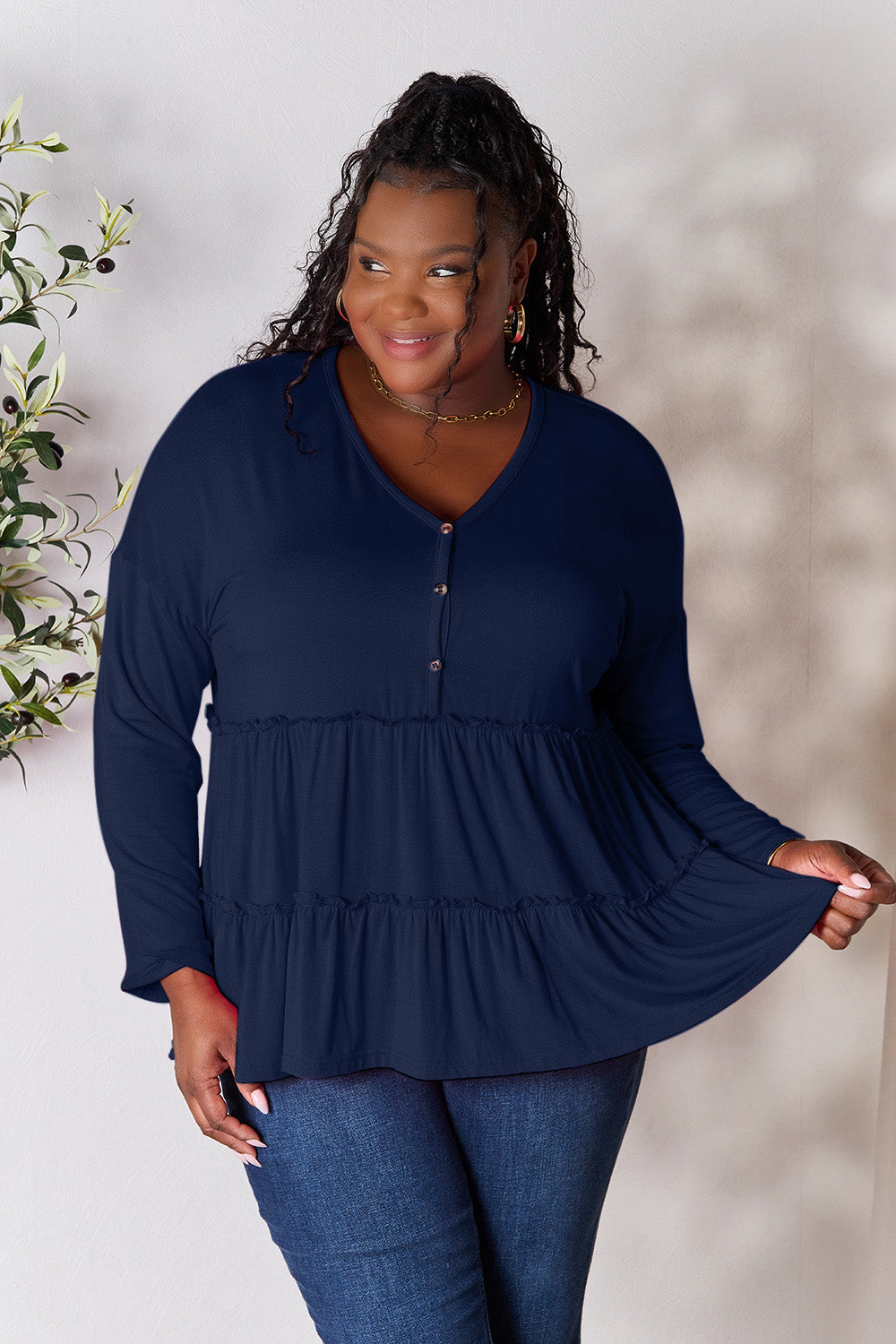 DoorBuster Double Take Half Button Long Sleeve Ruffle Hem Blouse