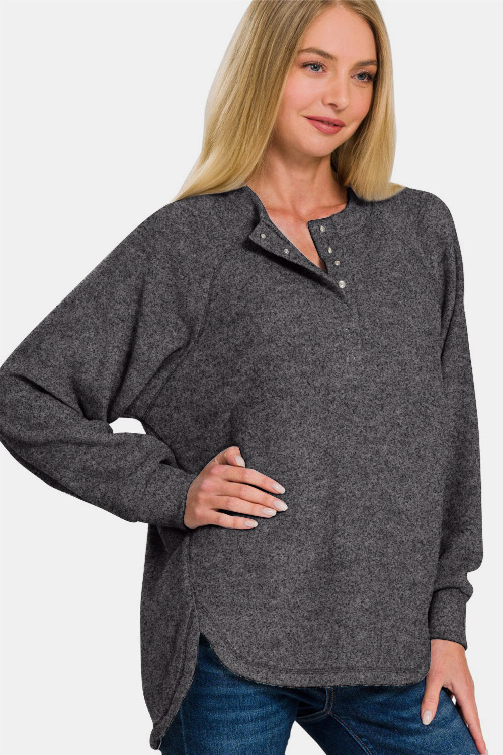 Keeping It Real Brushed Melange Hacci Long Sleeve Tee in Charcoal Black