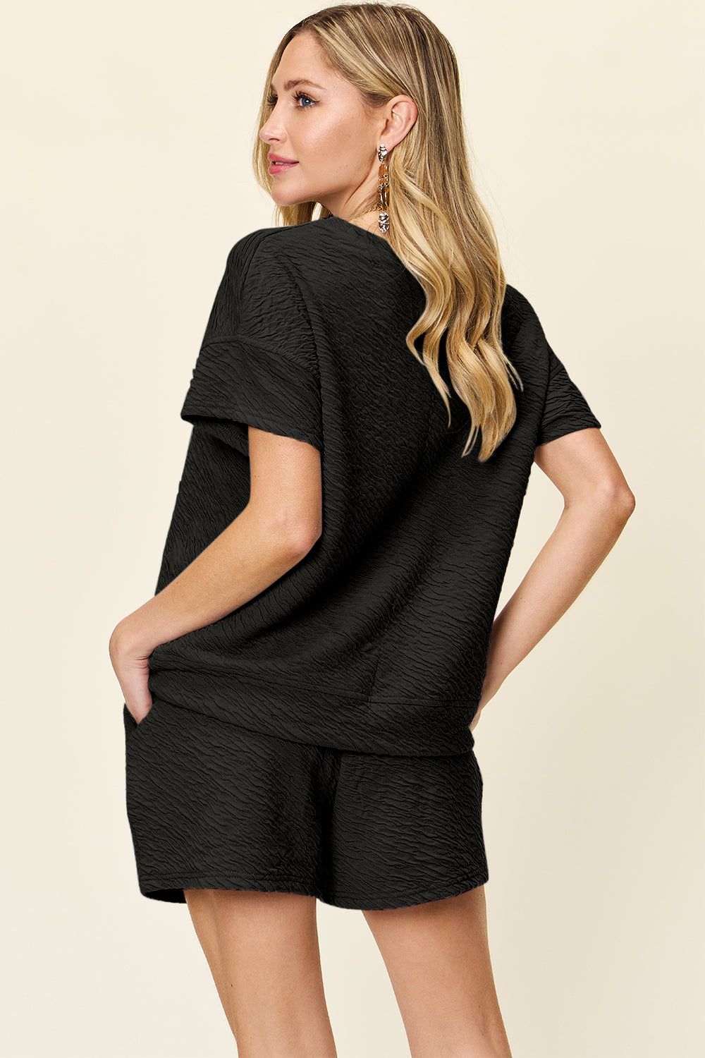 DOORBUSTER Double Take Full Size Texture Short Sleeve T-Shirt and Drawstring Shorts Set