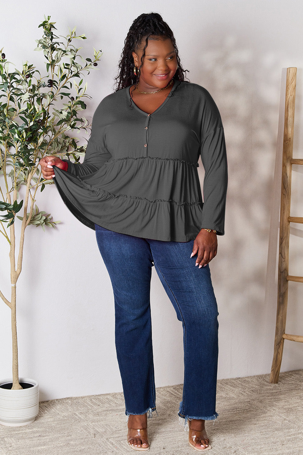 DoorBuster Double Take Half Button Long Sleeve Ruffle Hem Blouse