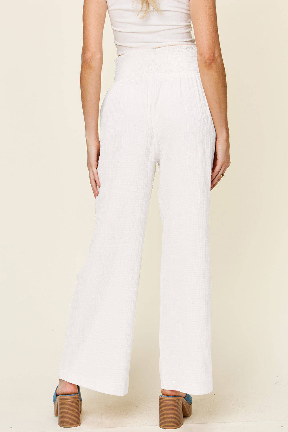 DoorBuster Double Take Full Size Texture Smocked Waist Wide Leg Pants