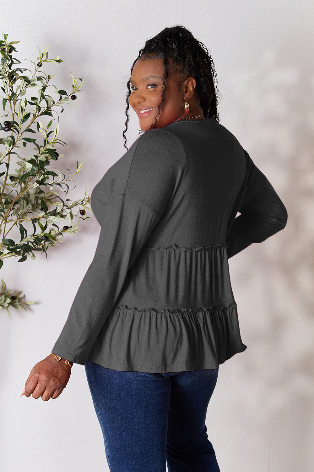 DoorBuster Double Take Half Button Long Sleeve Ruffle Hem Blouse