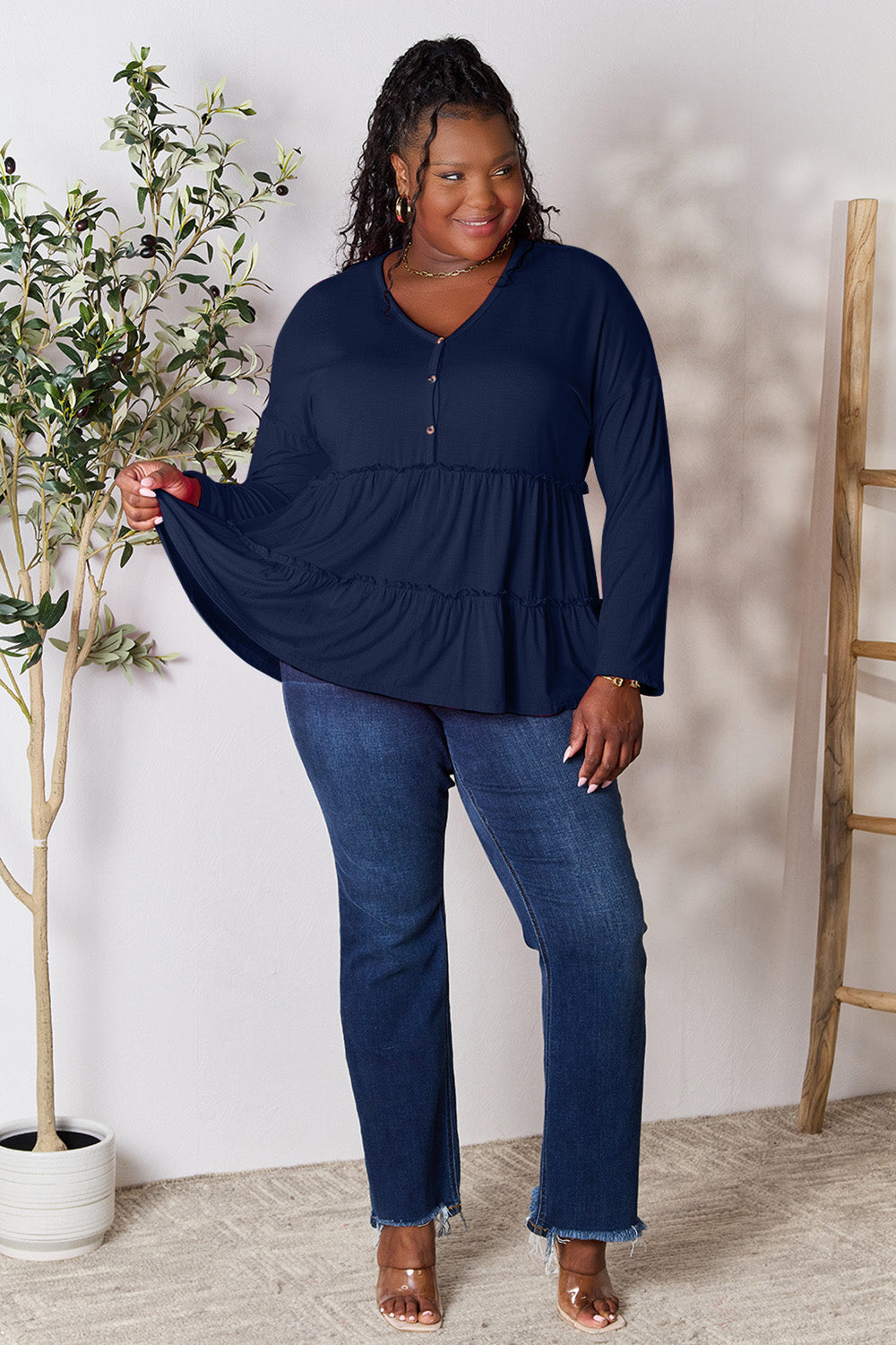 DoorBuster Double Take Half Button Long Sleeve Ruffle Hem Blouse
