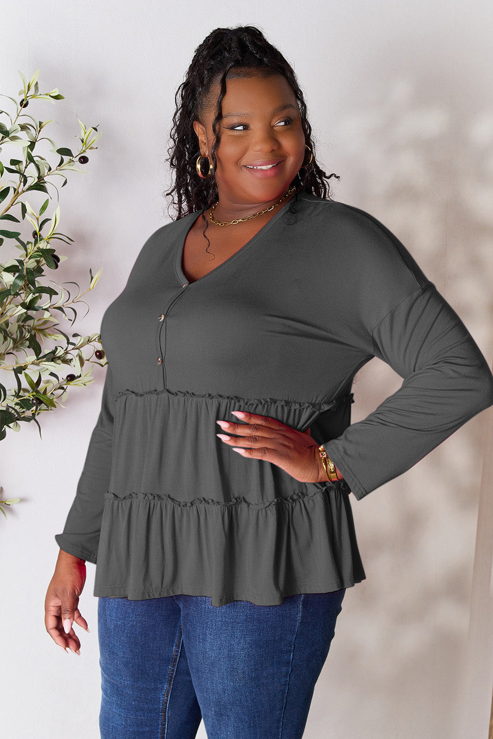 DoorBuster Double Take Half Button Long Sleeve Ruffle Hem Blouse