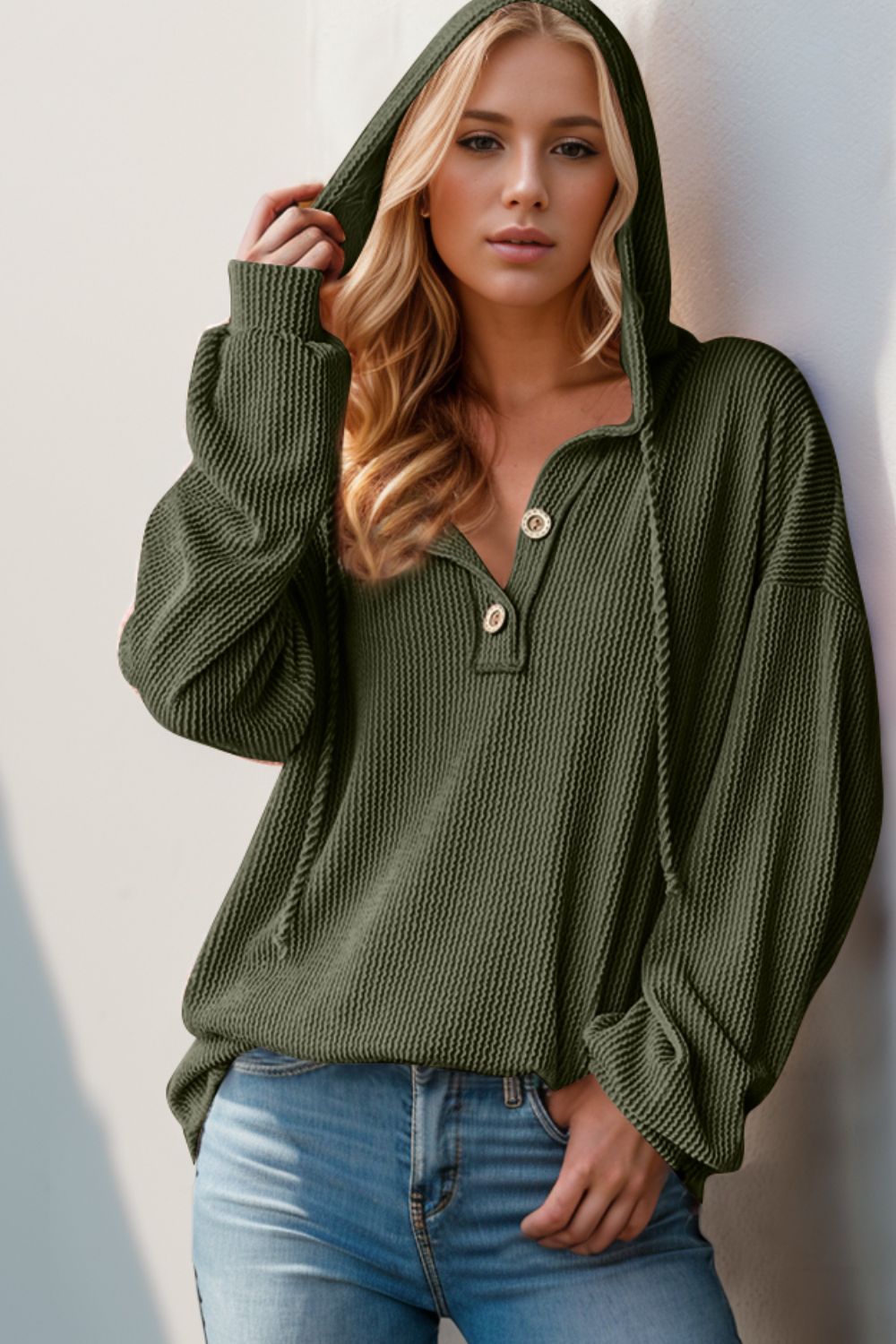 DOORBUSTER Double Take Full Size Half Button Long Sleeve Hoodie