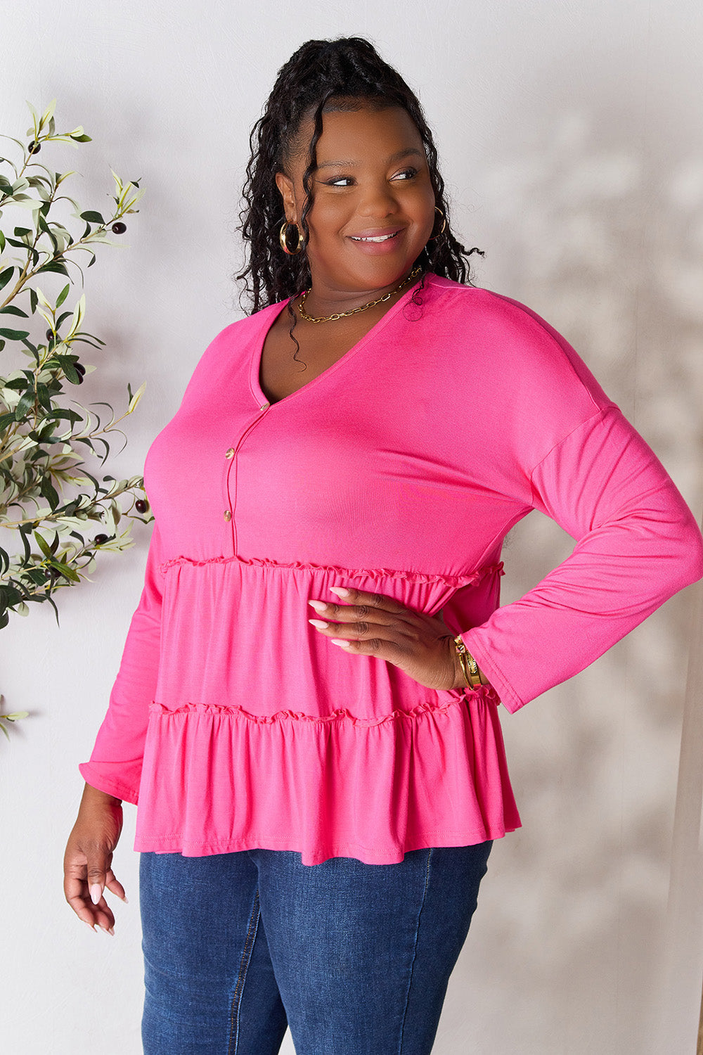 DoorBuster Double Take Half Button Long Sleeve Ruffle Hem Blouse