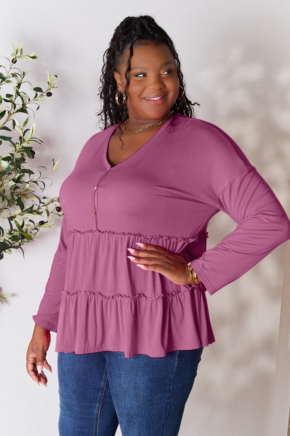 DoorBuster Double Take Half Button Long Sleeve Ruffle Hem Blouse