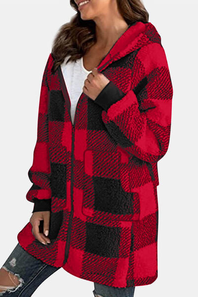 4 Colors! Double Take Full Size Plaid Long Sleeve Hooded Coat