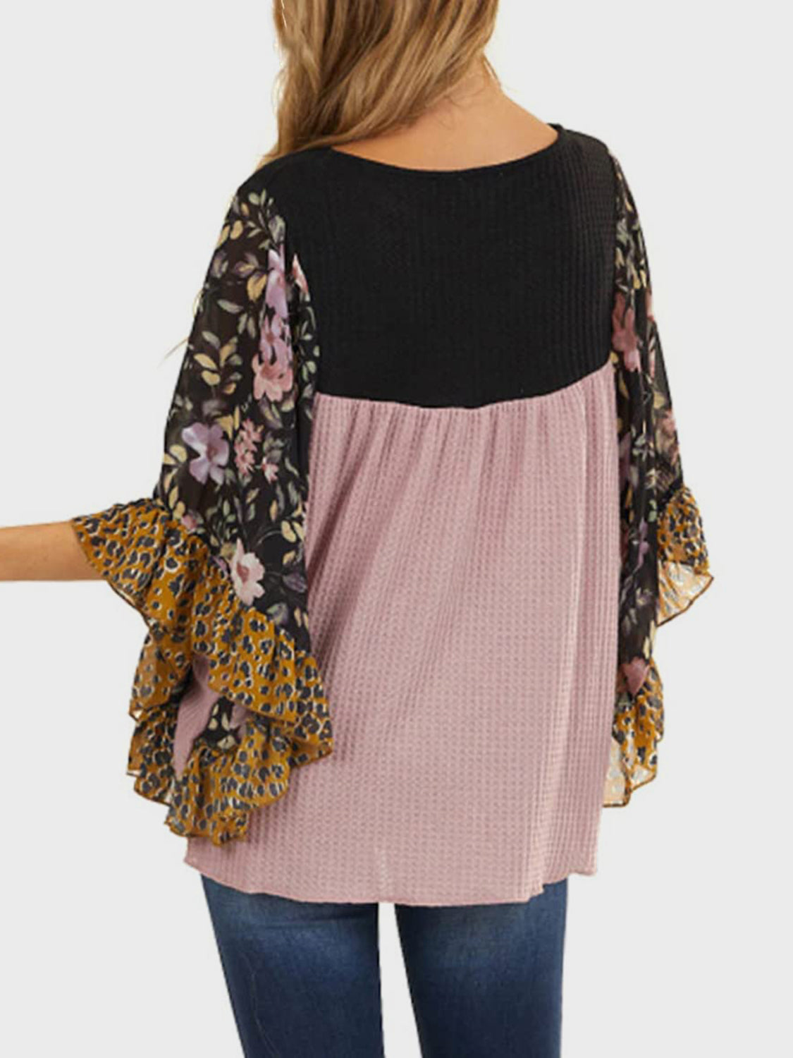 8 Color Options! Full Size Printed Round Neck Three-Quarter Sleeve Blouse