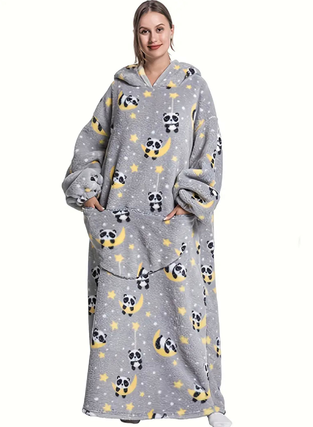 Fuzzy Pocketed Long Sleeve Hooded Blanket Lounge Dress - 17 Print options - PRELAUNCH