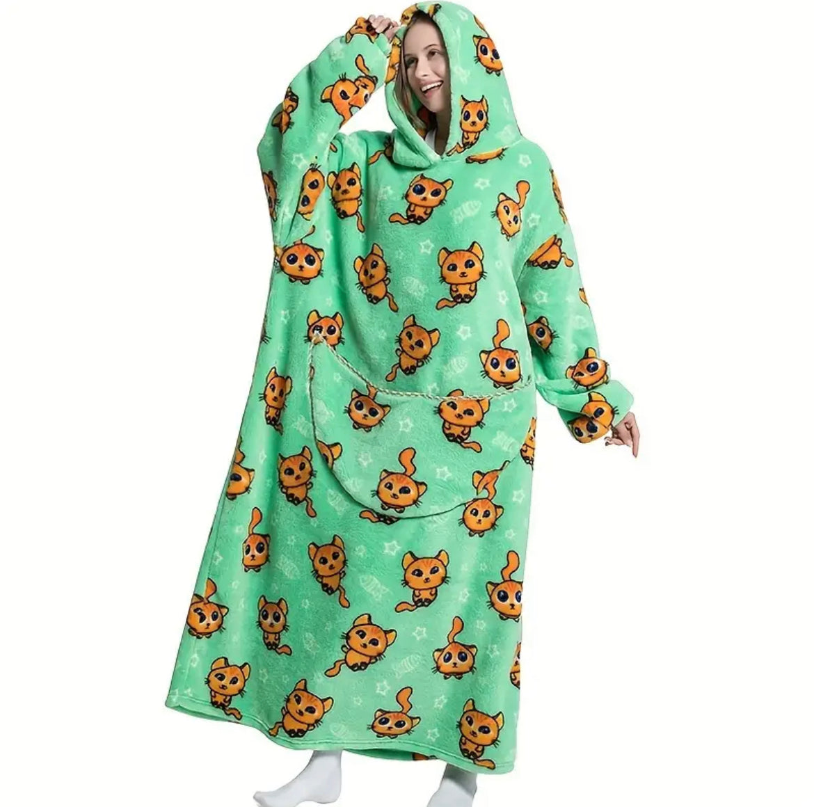 Fuzzy Pocketed Long Sleeve Hooded Blanket Lounge Dress - 17 Print options - PRELAUNCH