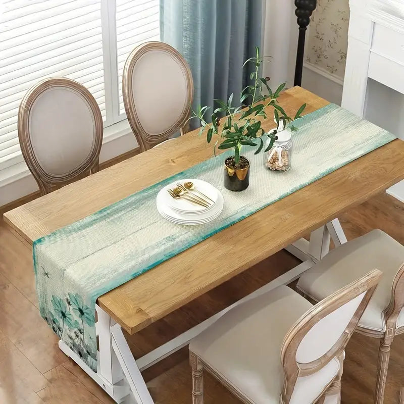 Teal Dragonfly Flowers Table Runner