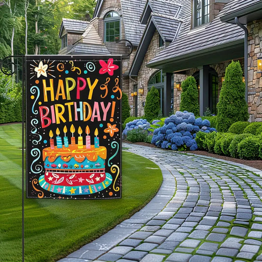 Black Happy Birthday Cake Garden Flag