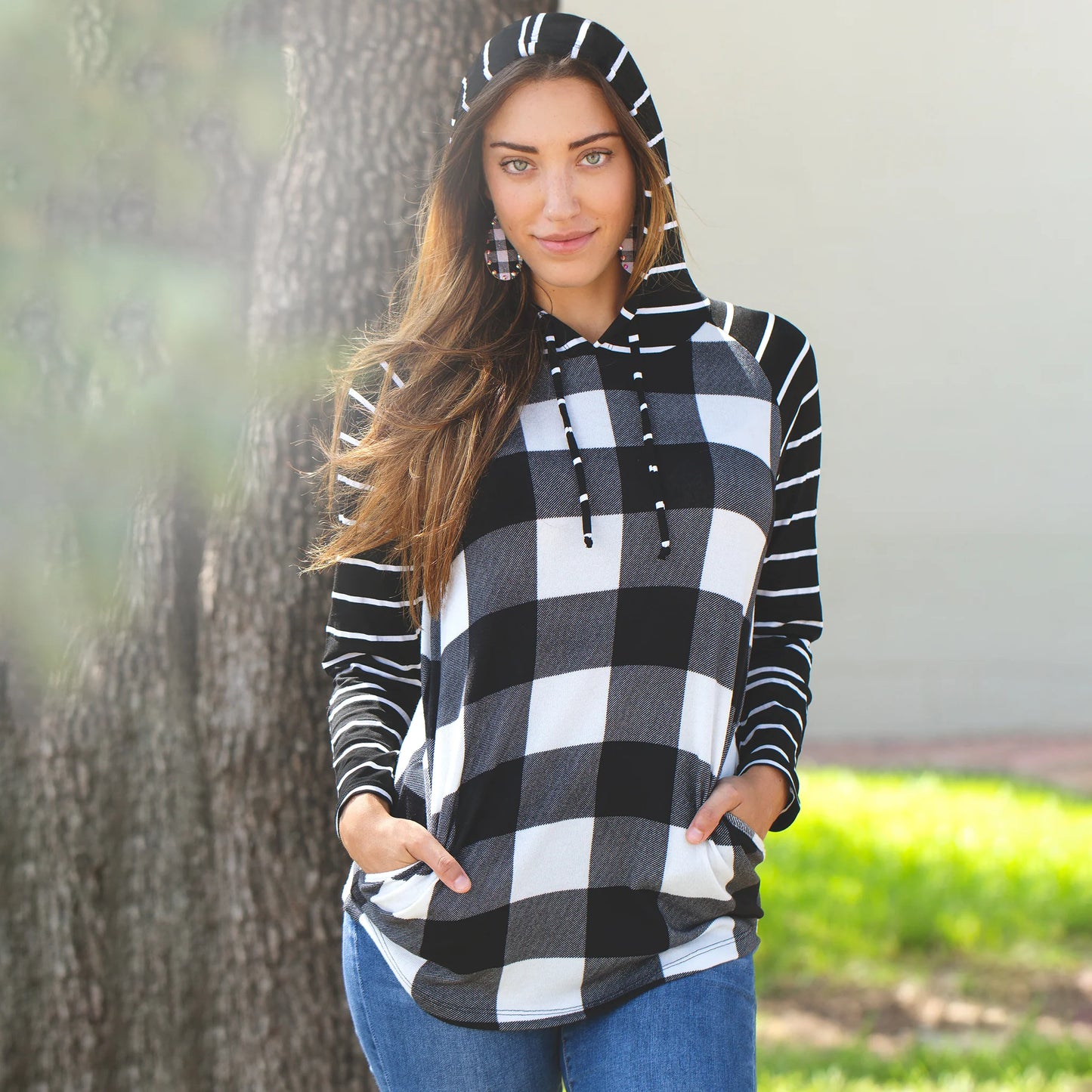 Striped Hoodie with Buffalo Plaid Print Top - Black White