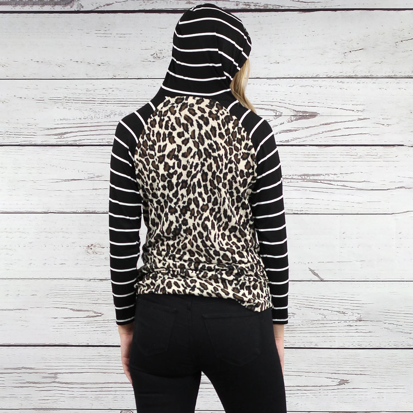 Striped Hoodie with Buffalo Plaid Print Top - Leopard