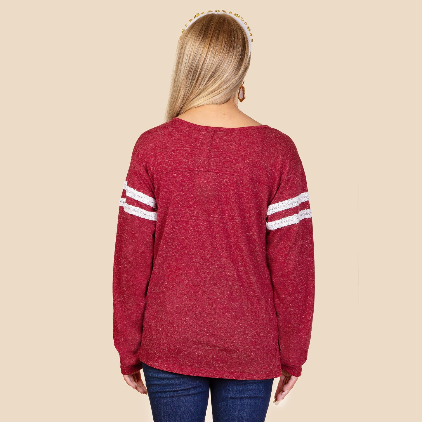 Sequin Varsity Striped Long Sleeved Star Top - BURGUNDY