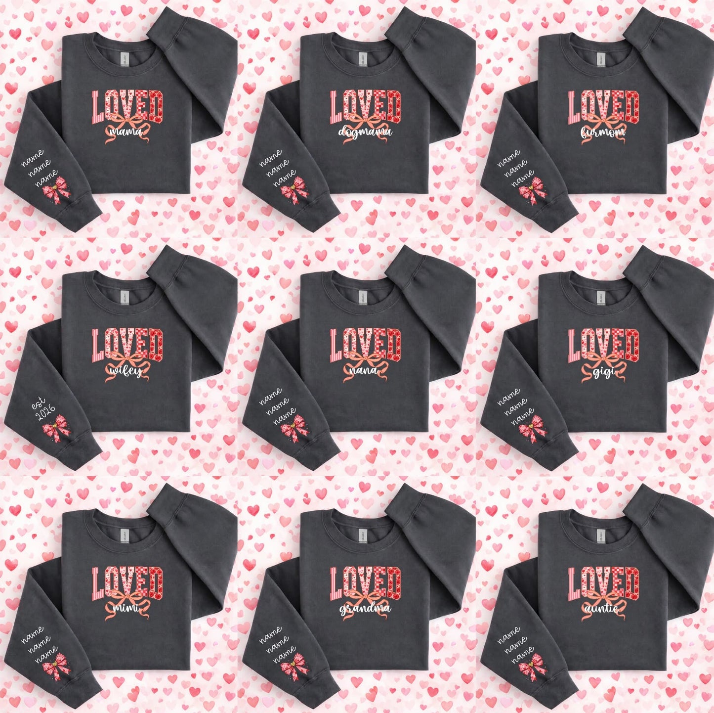 Loved (Insert Custom Name) Name on Sleeves Graphic Sweatshirt - Charcoal