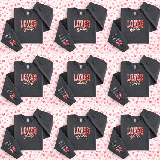 Loved (Insert Custom Name) Name on Sleeves Graphic Sweatshirt - Charcoal