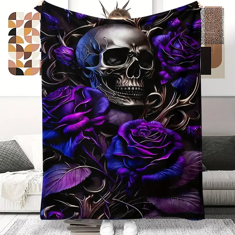 Skull Purple Roses Fleece Blanket