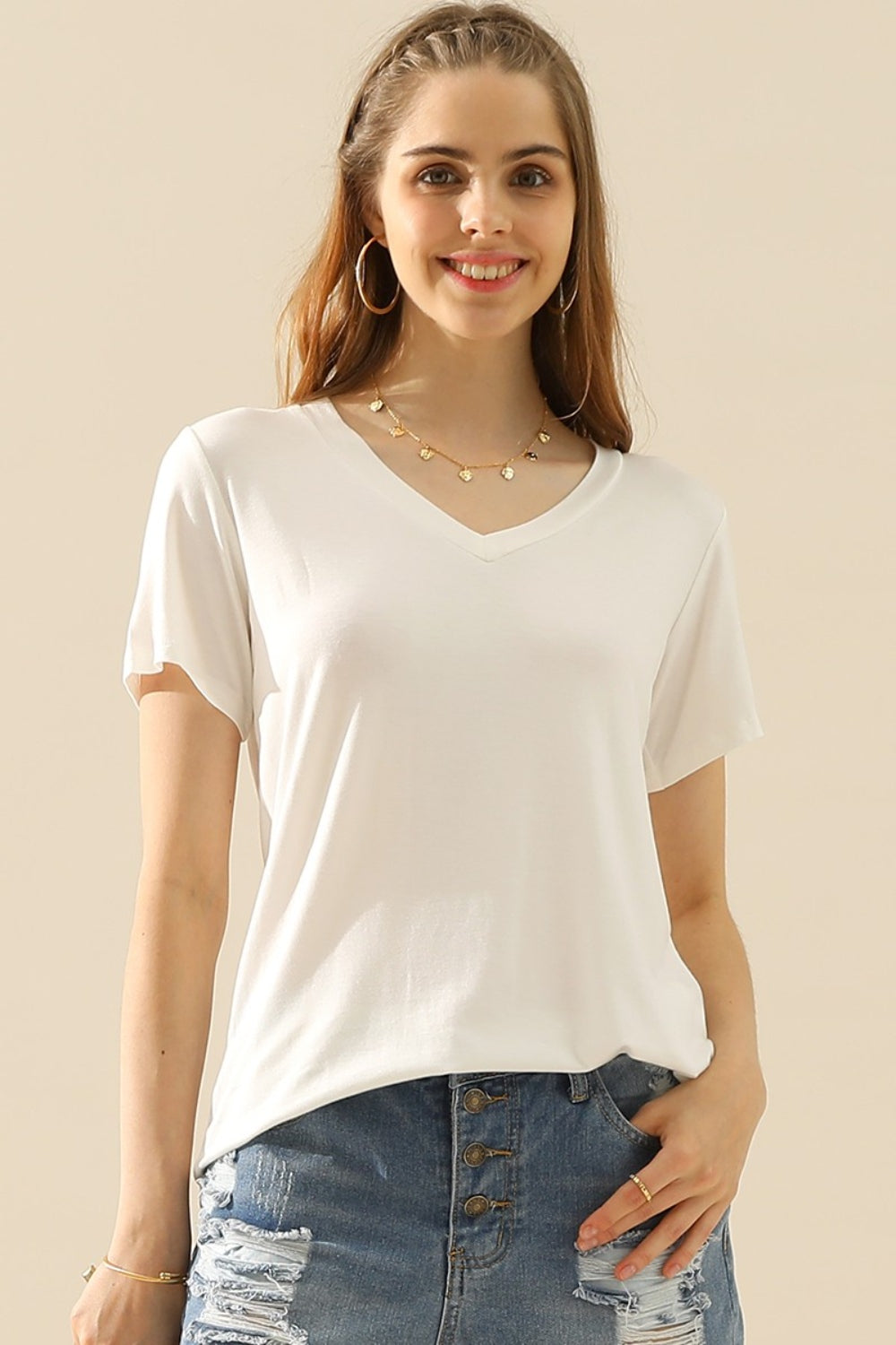 10 Colors! Ninexis Full Size V-Neck Short Sleeve T-Shirt