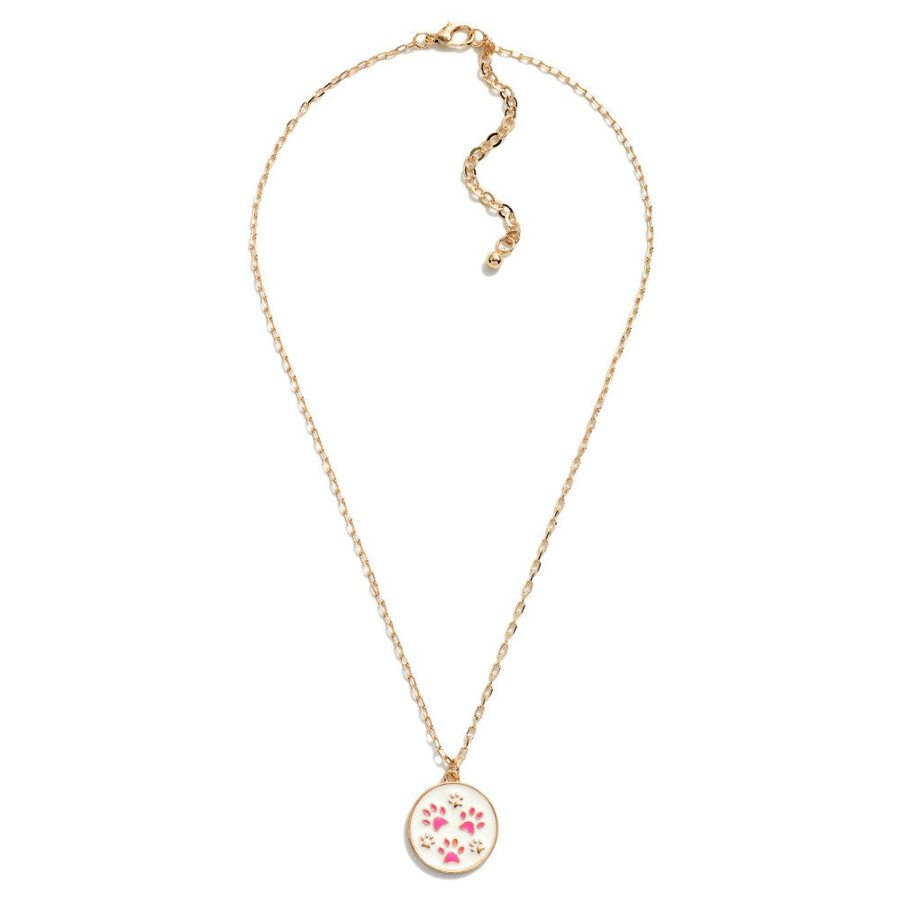 Chain Link Necklace Featuring Enamel Paw Prints Pendant