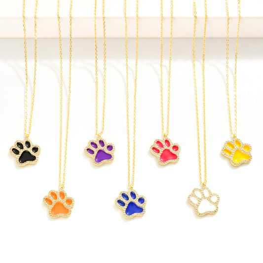 Dainty Gold Dipped Chain Link Necklace Featuring Cubic Zirconia Studded Paw Print Pendant