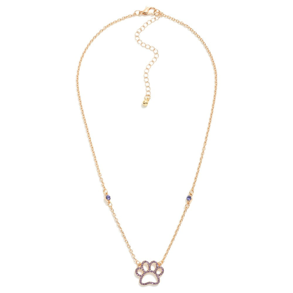 Chain Link Necklace Featuring Rhinestone Paw Print Pendant & Rhinestone Stations