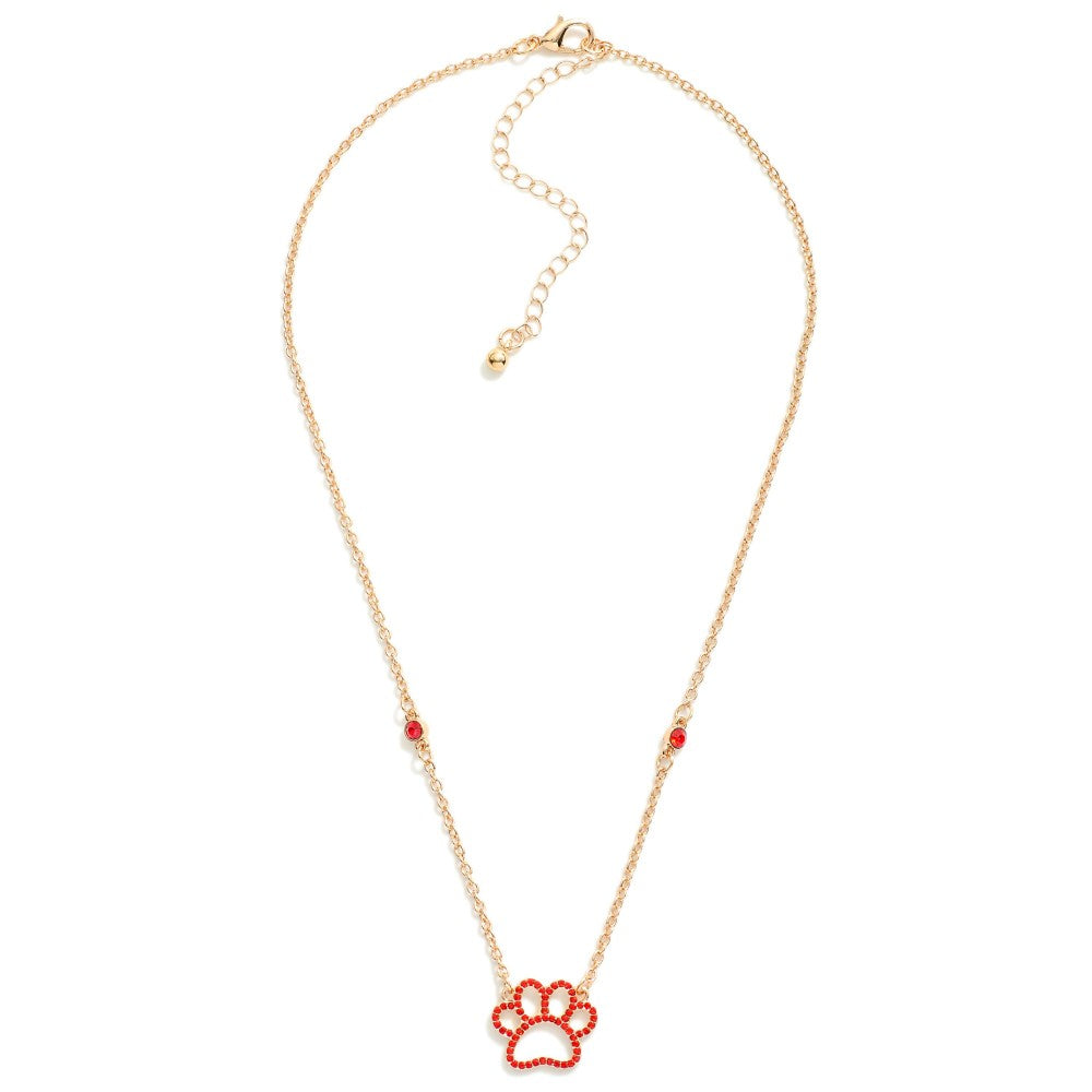 Chain Link Necklace Featuring Rhinestone Paw Print Pendant & Rhinestone Stations