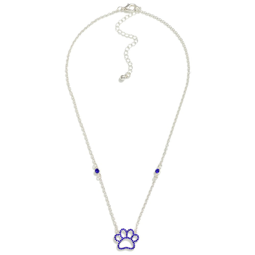 Chain Link Necklace Featuring Rhinestone Paw Print Pendant & Rhinestone Stations