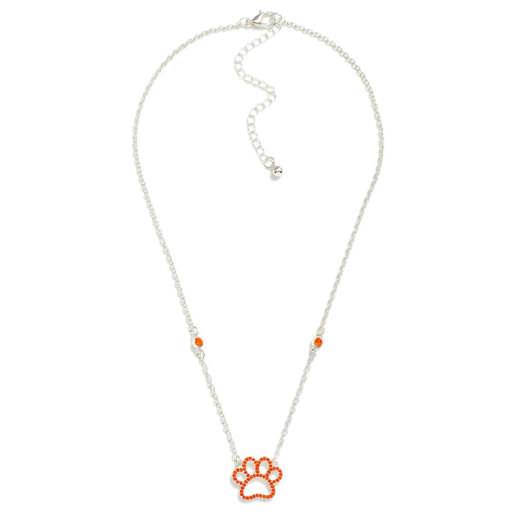 Chain Link Necklace Featuring Rhinestone Paw Print Pendant & Rhinestone Stations