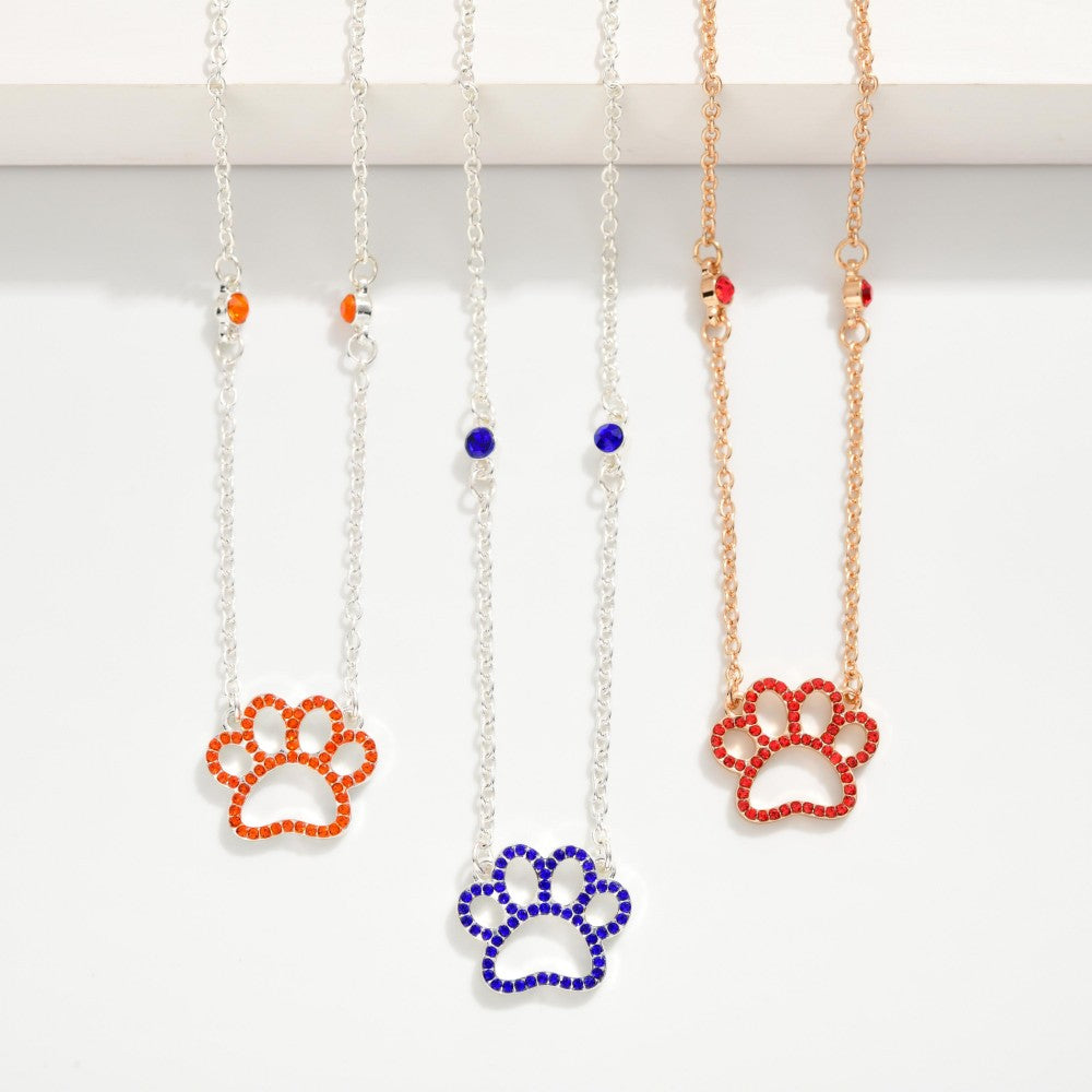 Chain Link Necklace Featuring Rhinestone Paw Print Pendant & Rhinestone Stations