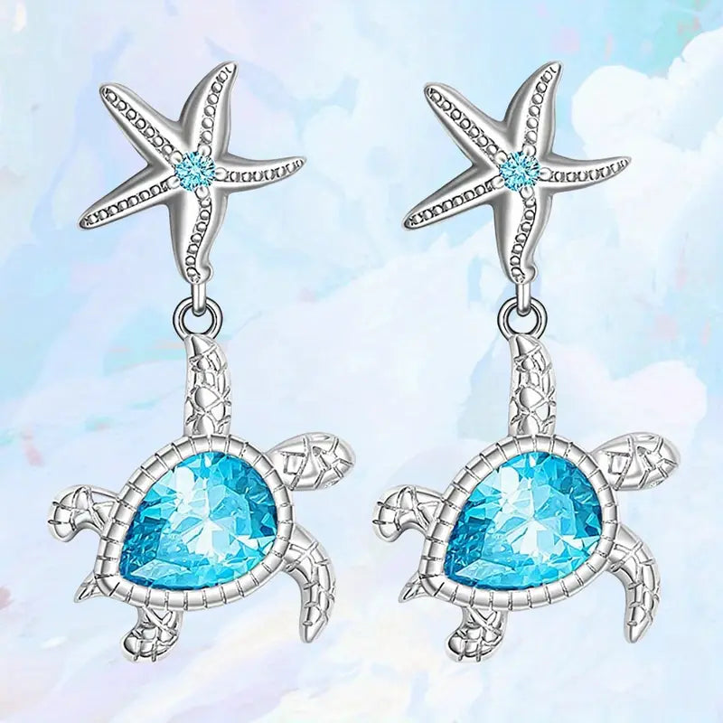 Blue Rhinestone Turtle Earrings